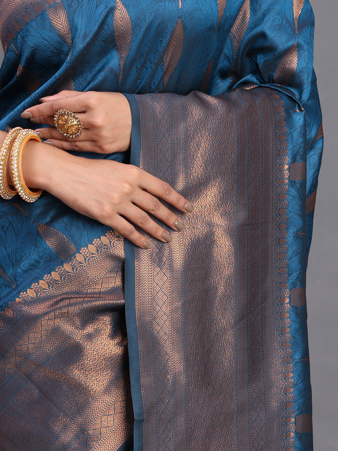 Astita Navy Blue Banarasi Silk Saree with Copper Zari Woven Pallu & Feather Butta – Wedding & Festive Wear
