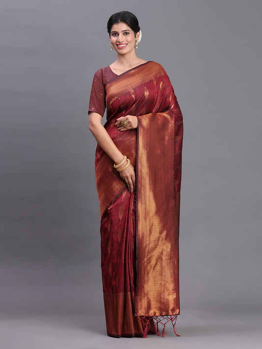 Astita Maroon Banarasi Silk Saree with Copper Zari Woven Pallu & Feather Butta – Wedding & Festive Wear