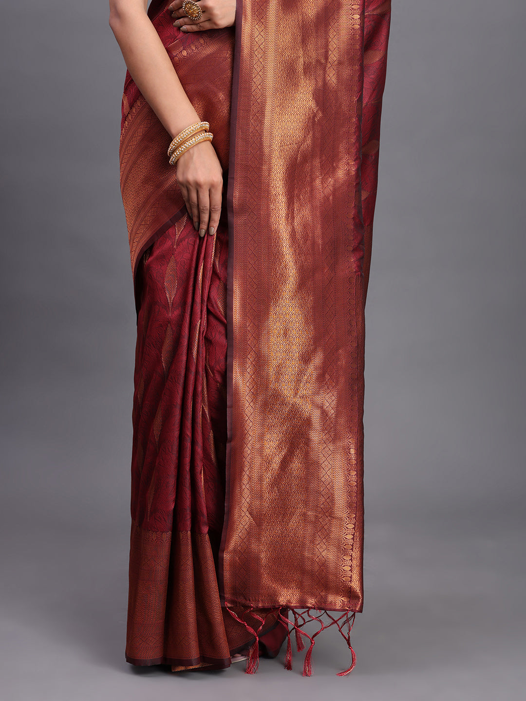 Astita Maroon Banarasi Silk Saree with Copper Zari Woven Pallu & Feather Butta – Wedding & Festive Wear
