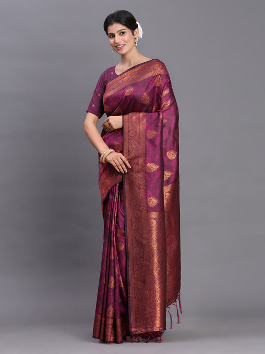 Astita Purple Banarasi Silk Saree with Copper Zari Woven Pallu & Feather Butta – Wedding & Festive Wear