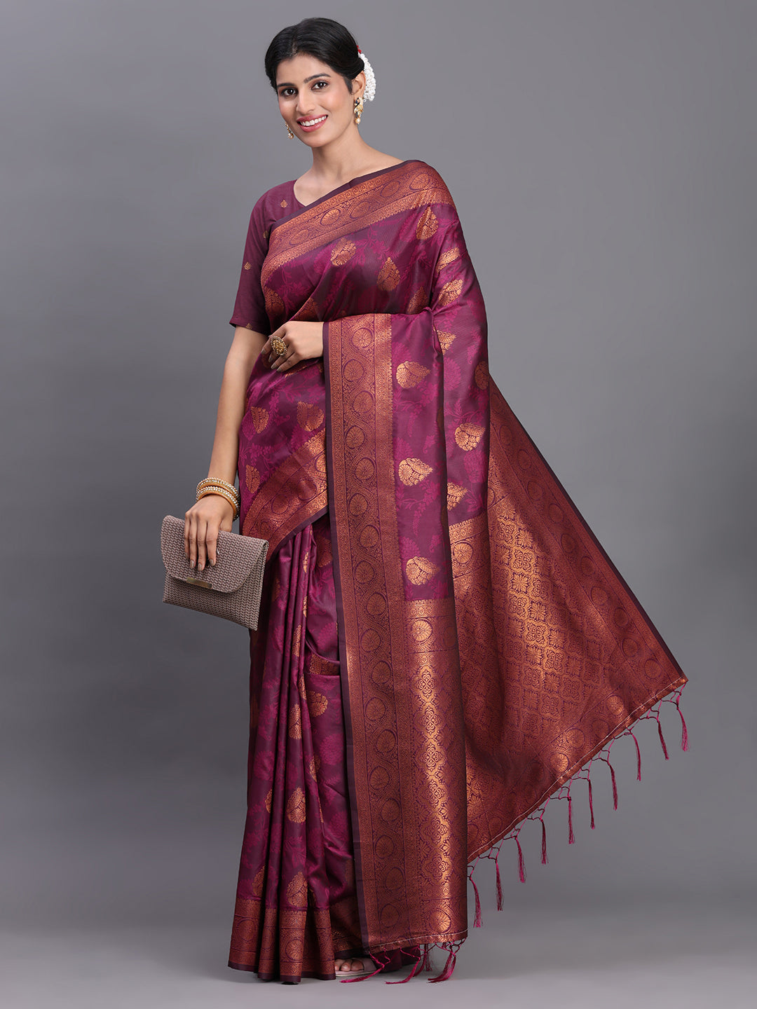 Astita Purple Banarasi Silk Saree with Copper Zari Woven Pallu & Feather Butta – Wedding & Festive Wear