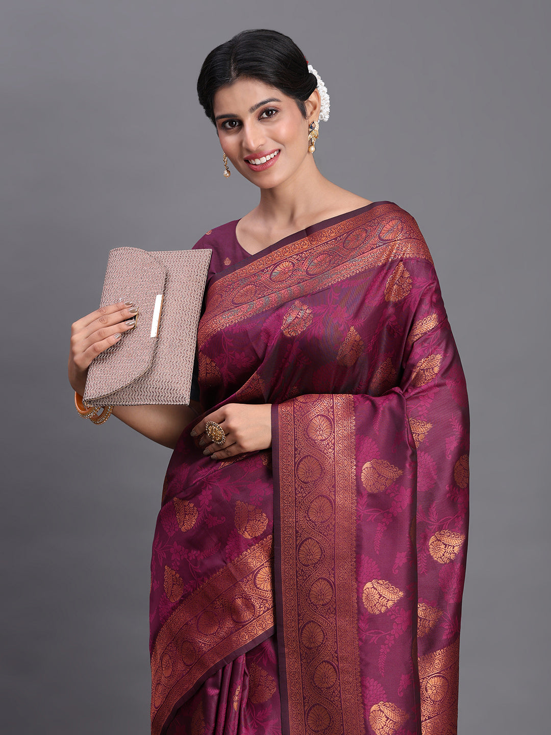 Astita Purple Banarasi Silk Saree with Copper Zari Woven Pallu & Feather Butta – Wedding & Festive Wear