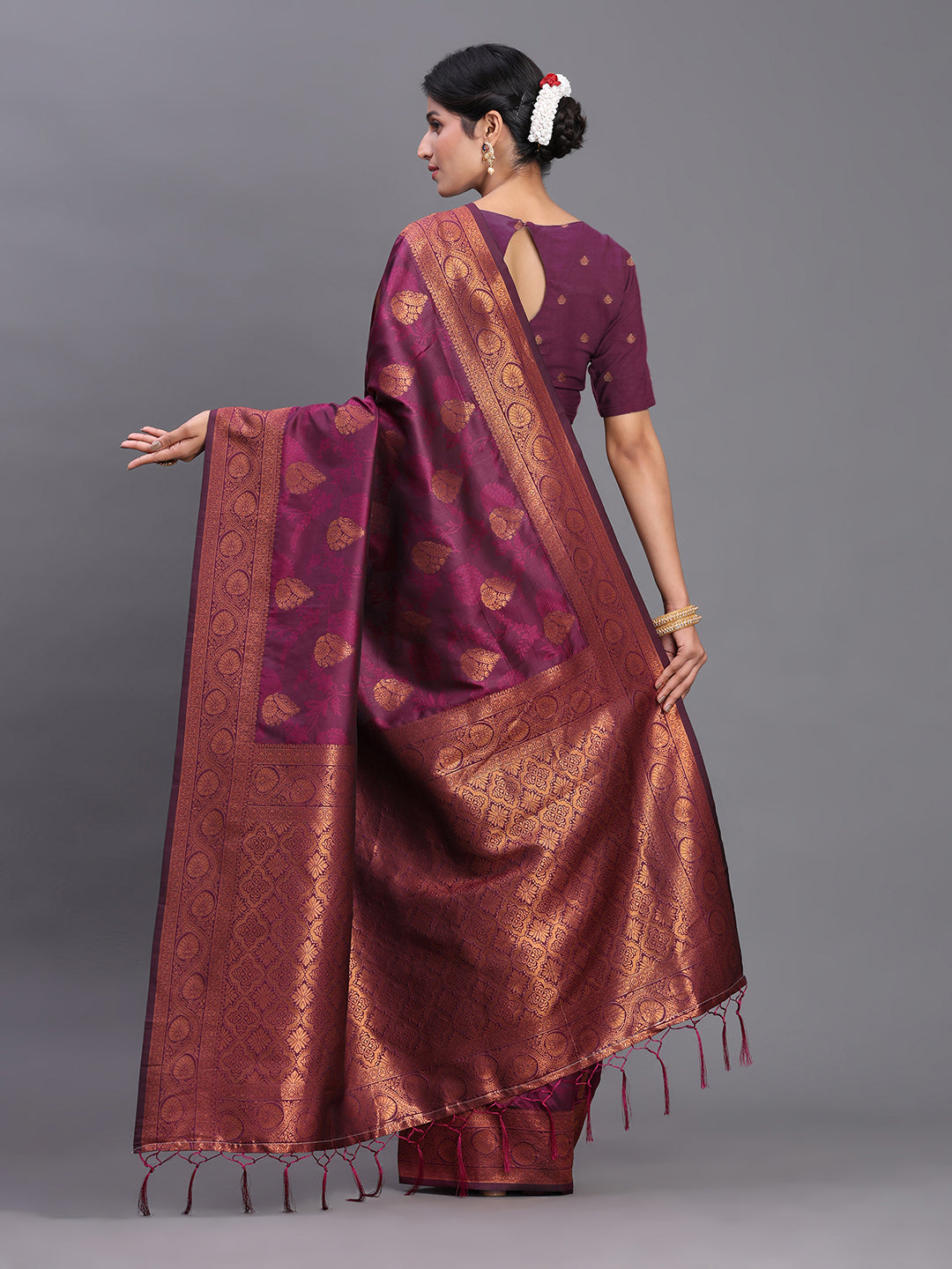 Astita Purple Banarasi Silk Saree with Copper Zari Woven Pallu & Feather Butta – Wedding & Festive Wear