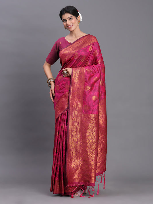 Astita Pink Banarasi Silk Saree with Copper Zari Woven Pallu & Feather Butta – Wedding & Festive Wear