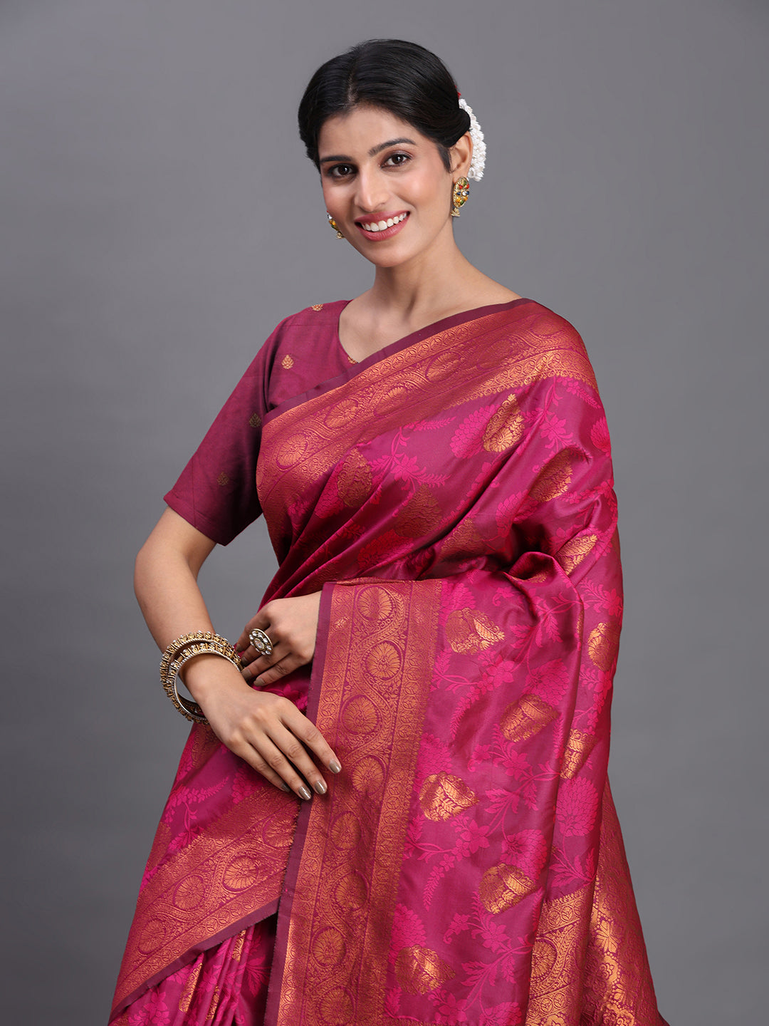 Astita Pink Banarasi Silk Saree with Copper Zari Woven Pallu & Feather Butta – Wedding & Festive Wear