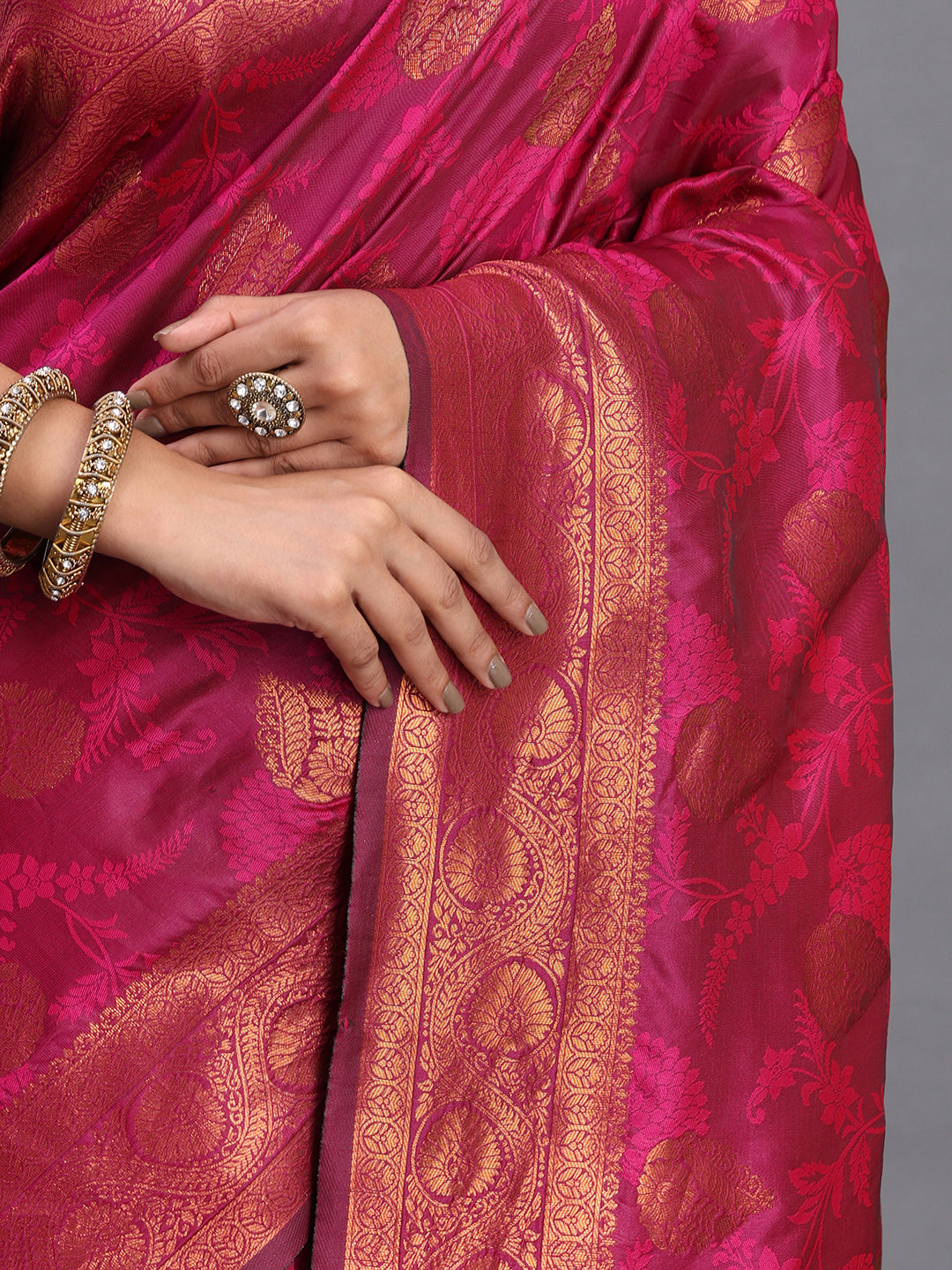Astita Pink Banarasi Silk Saree with Copper Zari Woven Pallu & Feather Butta – Wedding & Festive Wear