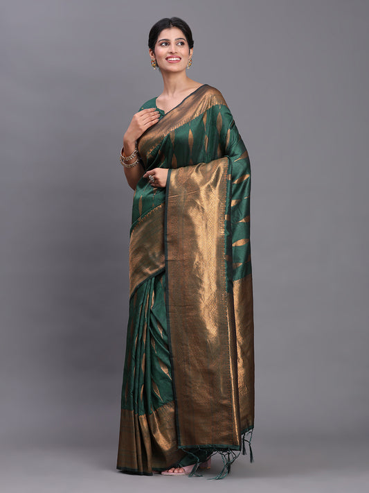 Astita Dark Green Banarasi Silk Saree with Copper Zari Woven Pallu & Feather Butta – Wedding & Festive Wear