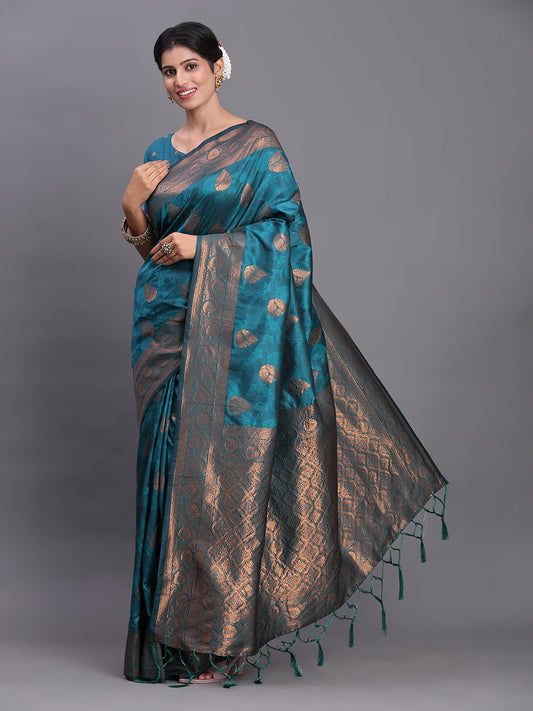 Astita Teal Blue Banarasi Silk Saree with Copper Zari Woven Pallu & Feather Butta – Wedding & Festive Wear