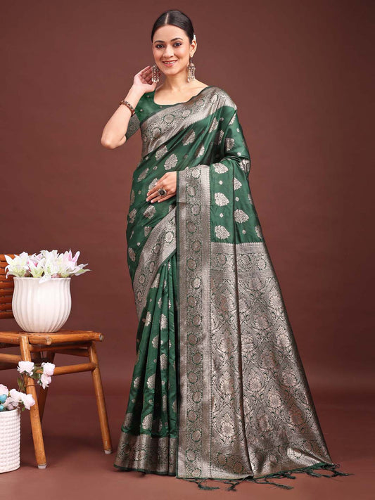 Astita Dark Green Banarasi Silk Saree with Zari Weaving – A Timeless Tale of Elegance