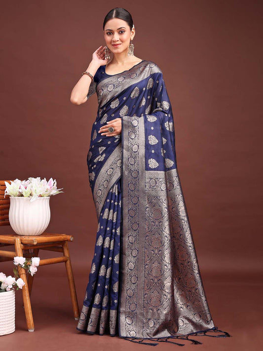 Astita Navy Blue Banarasi Silk Saree with Zari Weaving – A Timeless Tale of Elegance