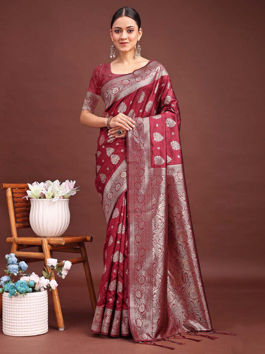 Astita Maroon Banarasi Silk Saree with Zari Weaving – A Timeless Tale of Elegance