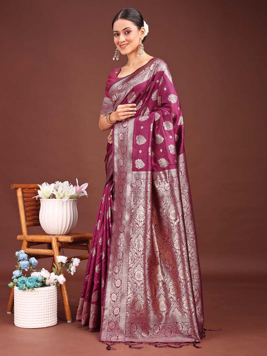 Astita Purple Banarasi Silk Saree with Zari Weaving – A Timeless Tale of Elegance