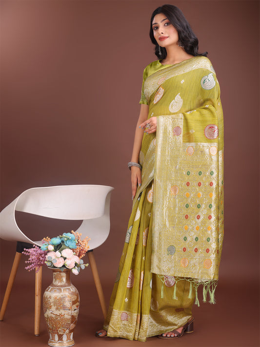 Astita Elegant Olive Green Linen Cotton Saree with Zari Border & Woven Motifs – Perfect for Sophisticated Everyday & Festive Looks
