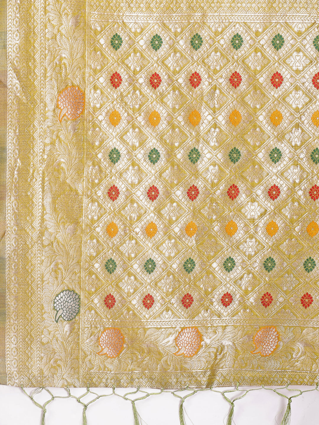 Astita Elegant Olive Green Linen Cotton Saree with Zari Border & Woven Motifs – Perfect for Sophisticated Everyday & Festive Looks