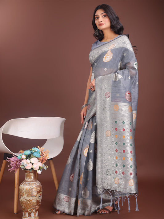 Astita Elegant Grey Linen Cotton Saree with Zari Border & Woven Motifs – Perfect for Sophisticated Everyday & Festive Looks