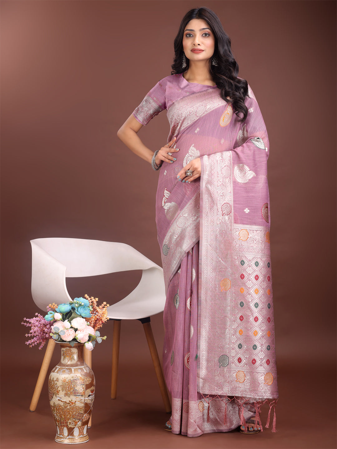 Astita Elegant Purple Linen Cotton Saree with Zari Border & Woven Motifs – Perfect for Sophisticated Everyday & Festive Looks
