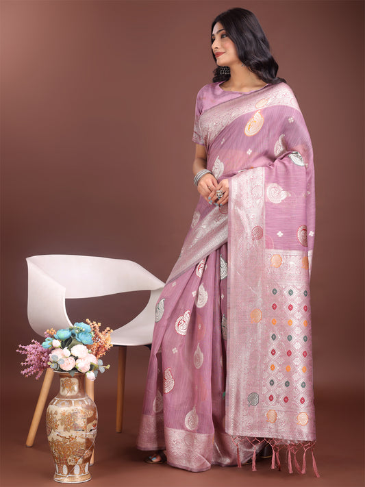 Astita Elegant Purple Linen Cotton Saree with Zari Border & Woven Motifs – Perfect for Sophisticated Everyday & Festive Looks