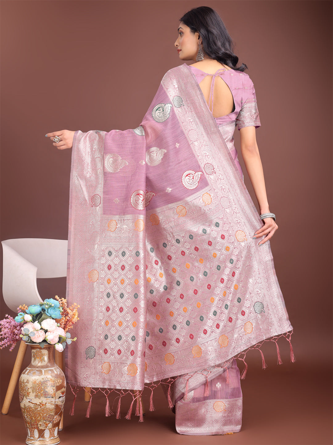 Astita Elegant Purple Linen Cotton Saree with Zari Border & Woven Motifs – Perfect for Sophisticated Everyday & Festive Looks