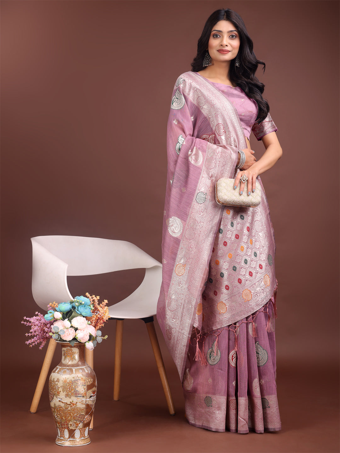 Astita Elegant Purple Linen Cotton Saree with Zari Border & Woven Motifs – Perfect for Sophisticated Everyday & Festive Looks