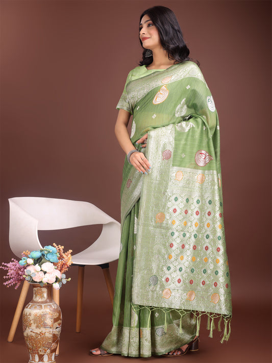 Astita Elegant Light Green Linen Cotton Saree with Zari Border & Woven Motifs – Perfect for Sophisticated Everyday & Festive Looks