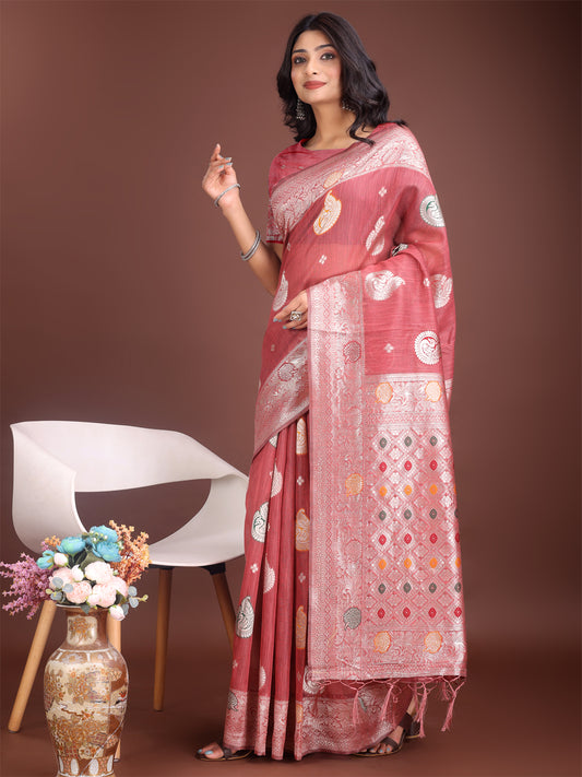 Astita Elegant Pink Linen Cotton Saree with Zari Border & Woven Motifs – Perfect for Sophisticated Everyday & Festive Looks