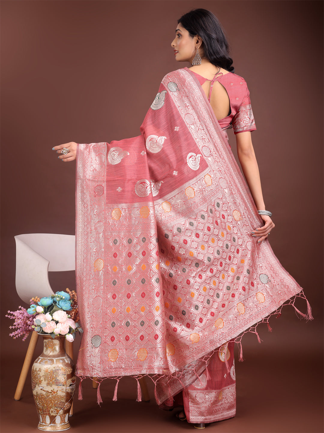 Astita Elegant Pink Linen Cotton Saree with Zari Border & Woven Motifs – Perfect for Sophisticated Everyday & Festive Looks