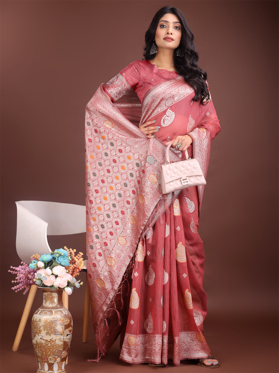 Astita Elegant Pink Linen Cotton Saree with Zari Border & Woven Motifs – Perfect for Sophisticated Everyday & Festive Looks