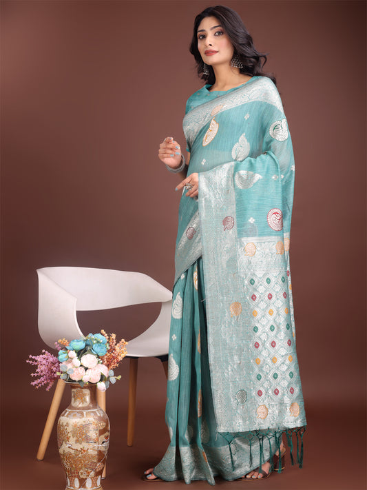 Astita Elegant Sea Green Linen Cotton Saree with Zari Border & Woven Motifs – Perfect for Sophisticated Everyday & Festive Looks