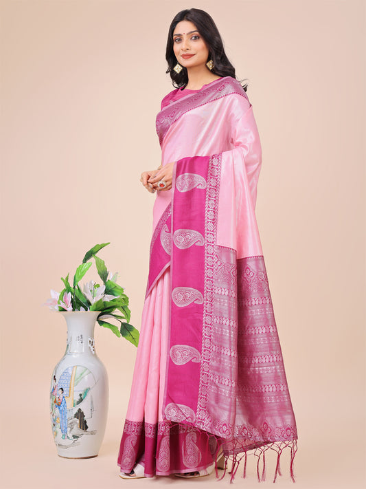 Graceful Light & Dark Pink Silk Saree with Rich Woven Border & Paisley Pallu