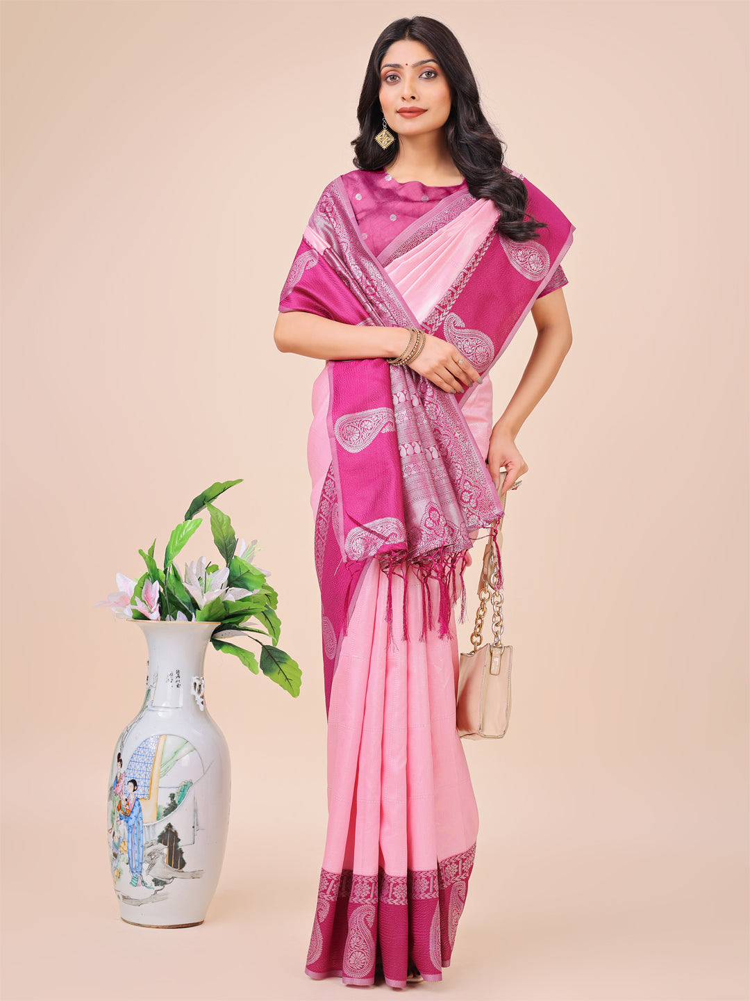Graceful Light & Dark Pink Silk Saree with Rich Woven Border & Paisley Pallu