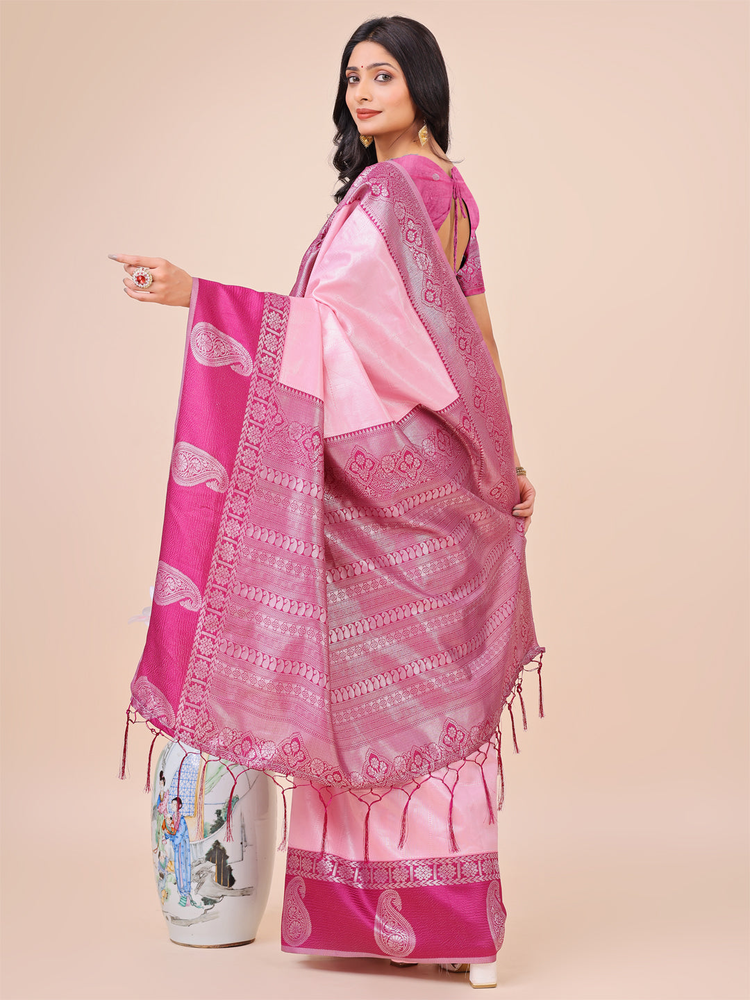Graceful Light & Dark Pink Silk Saree with Rich Woven Border & Paisley Pallu