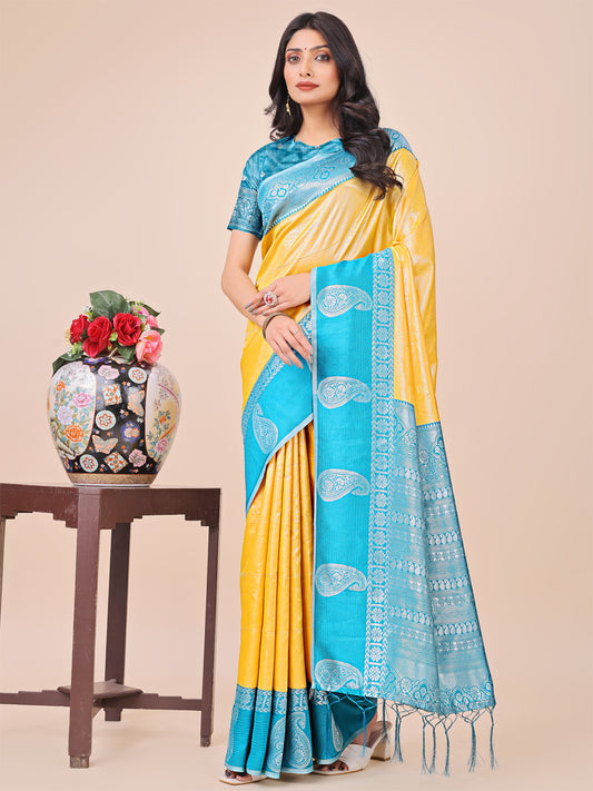 Graceful Light & Dark Yellow Silk Saree with Rich Woven Border & Paisley Pallu