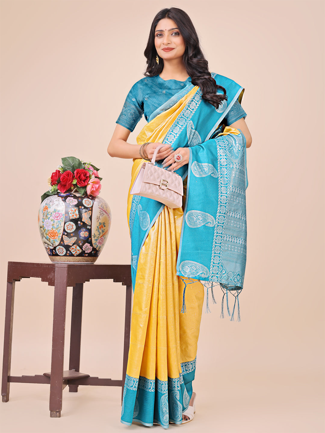 Graceful Light & Dark Yellow Silk Saree with Rich Woven Border & Paisley Pallu