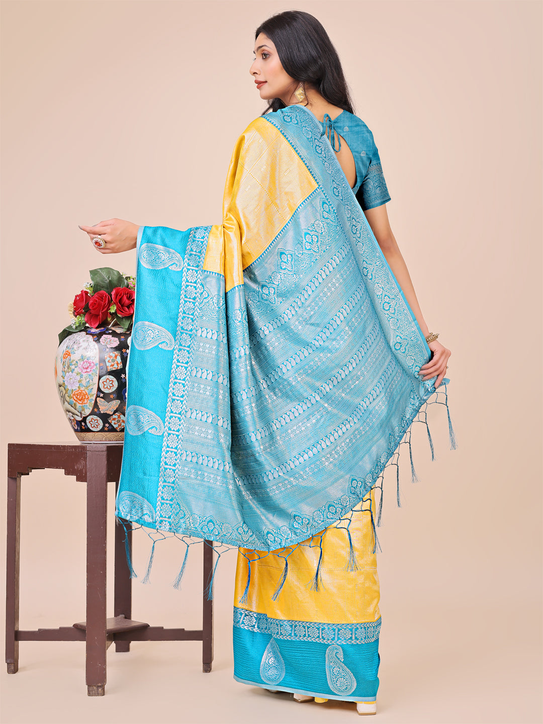 Graceful Light & Dark Yellow Silk Saree with Rich Woven Border & Paisley Pallu