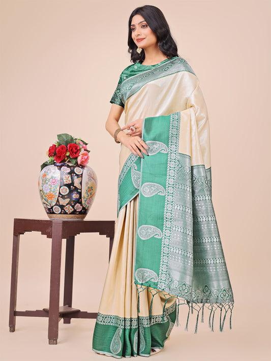 Graceful Light & Dark Cream Silk Saree with Rich Woven Border & Paisley Pallu