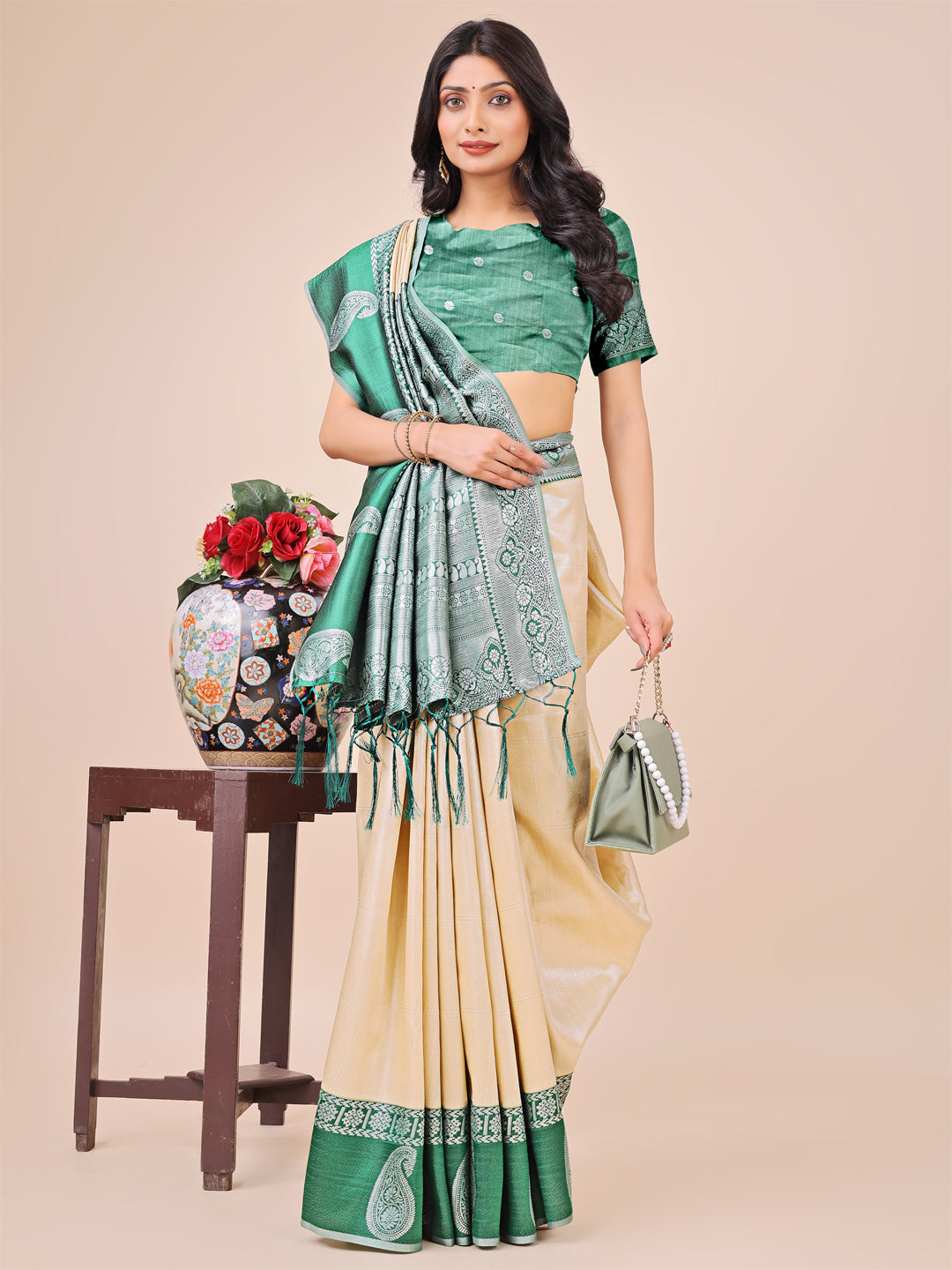 Graceful Light & Dark Cream Silk Saree with Rich Woven Border & Paisley Pallu