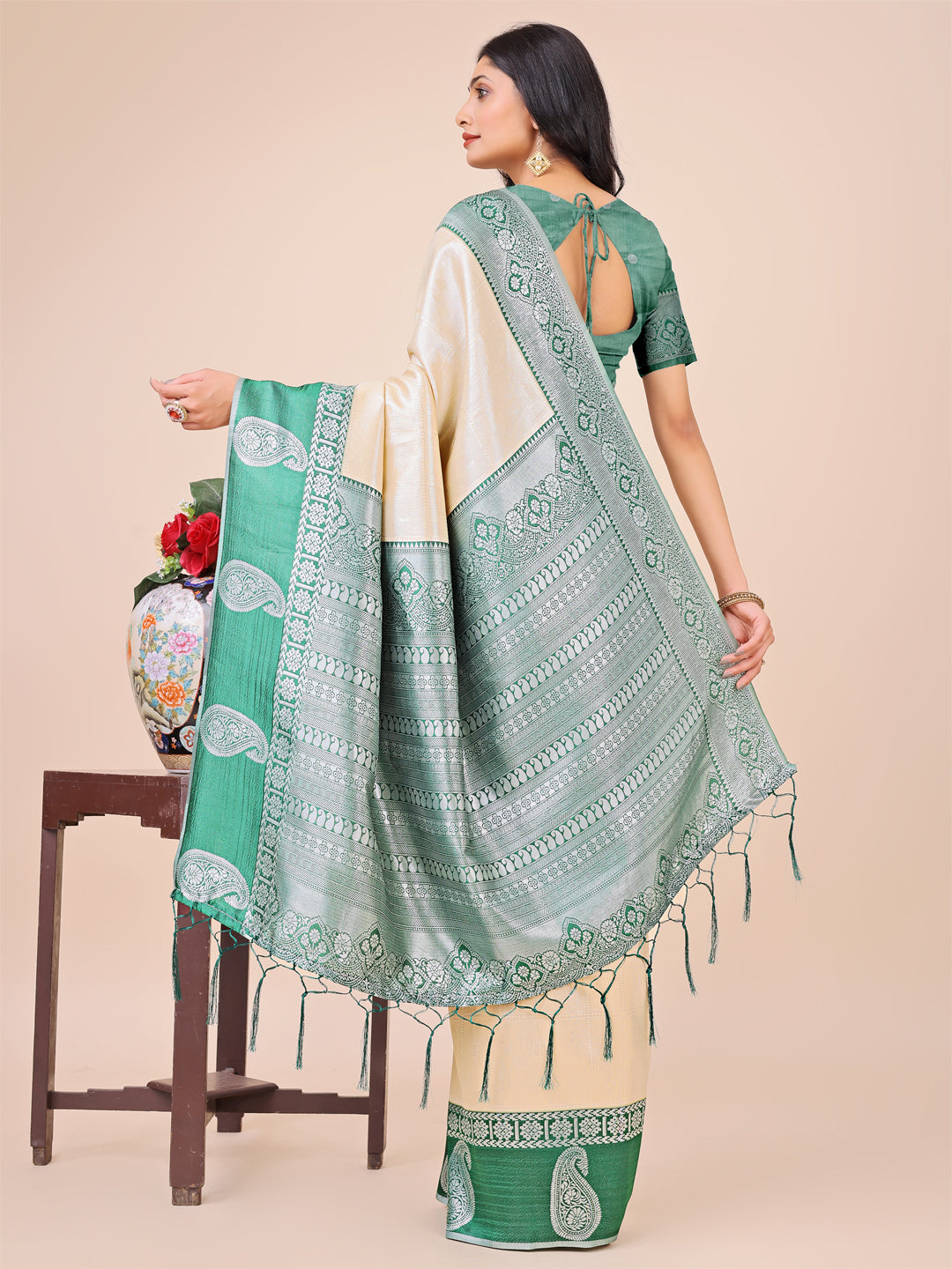 Graceful Light & Dark Cream Silk Saree with Rich Woven Border & Paisley Pallu