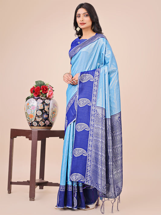 Graceful Light & Dark Sky Blue Silk Saree with Rich Woven Border