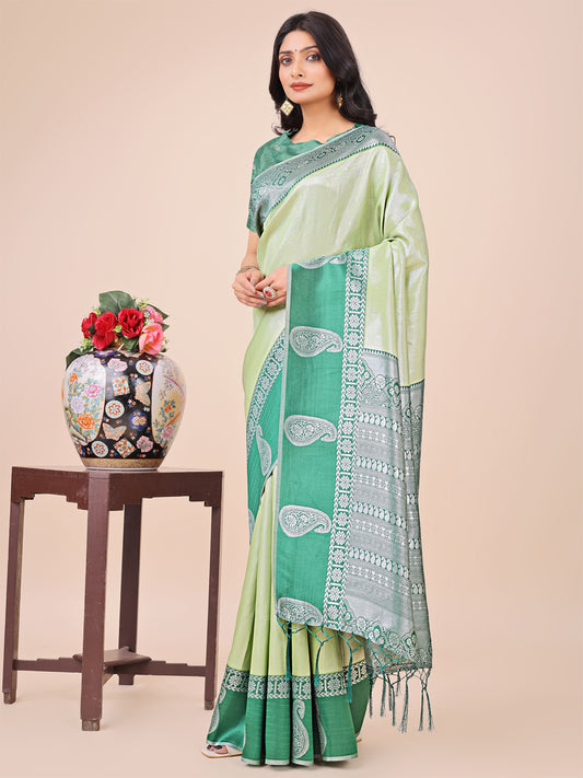 Graceful Light & Dark Light Green Silk Saree with Rich Woven Border & Paisley Pallu