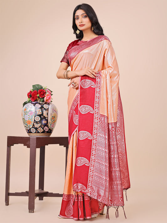 Graceful Light & Dark Peach Silk Saree with Rich Woven Border & Paisley Pallu