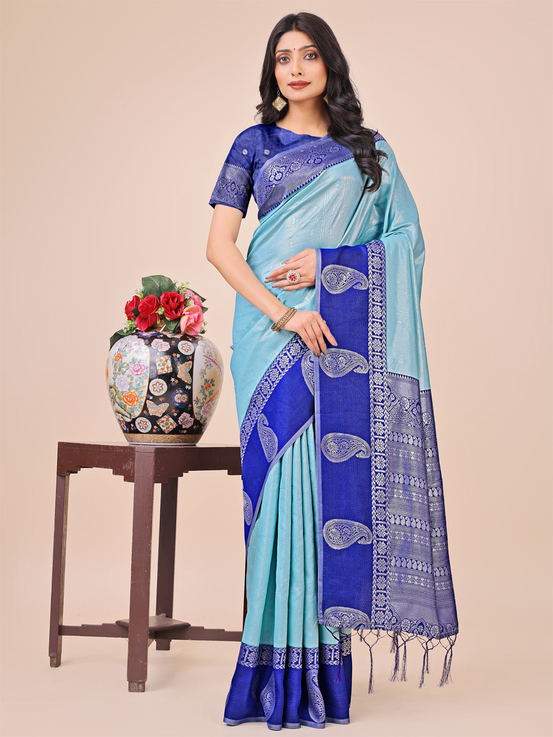 Graceful Light & Dark Teal Silk Saree with Rich Woven Border & Paisley Pallu