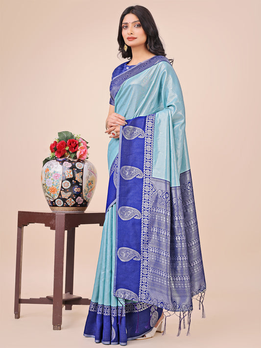 Graceful Light & Dark Teal Silk Saree with Rich Woven Border & Paisley Pallu