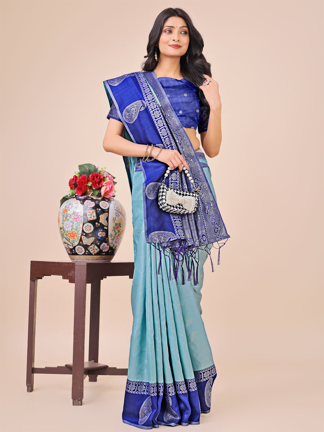 Graceful Light & Dark Teal Silk Saree with Rich Woven Border & Paisley Pallu