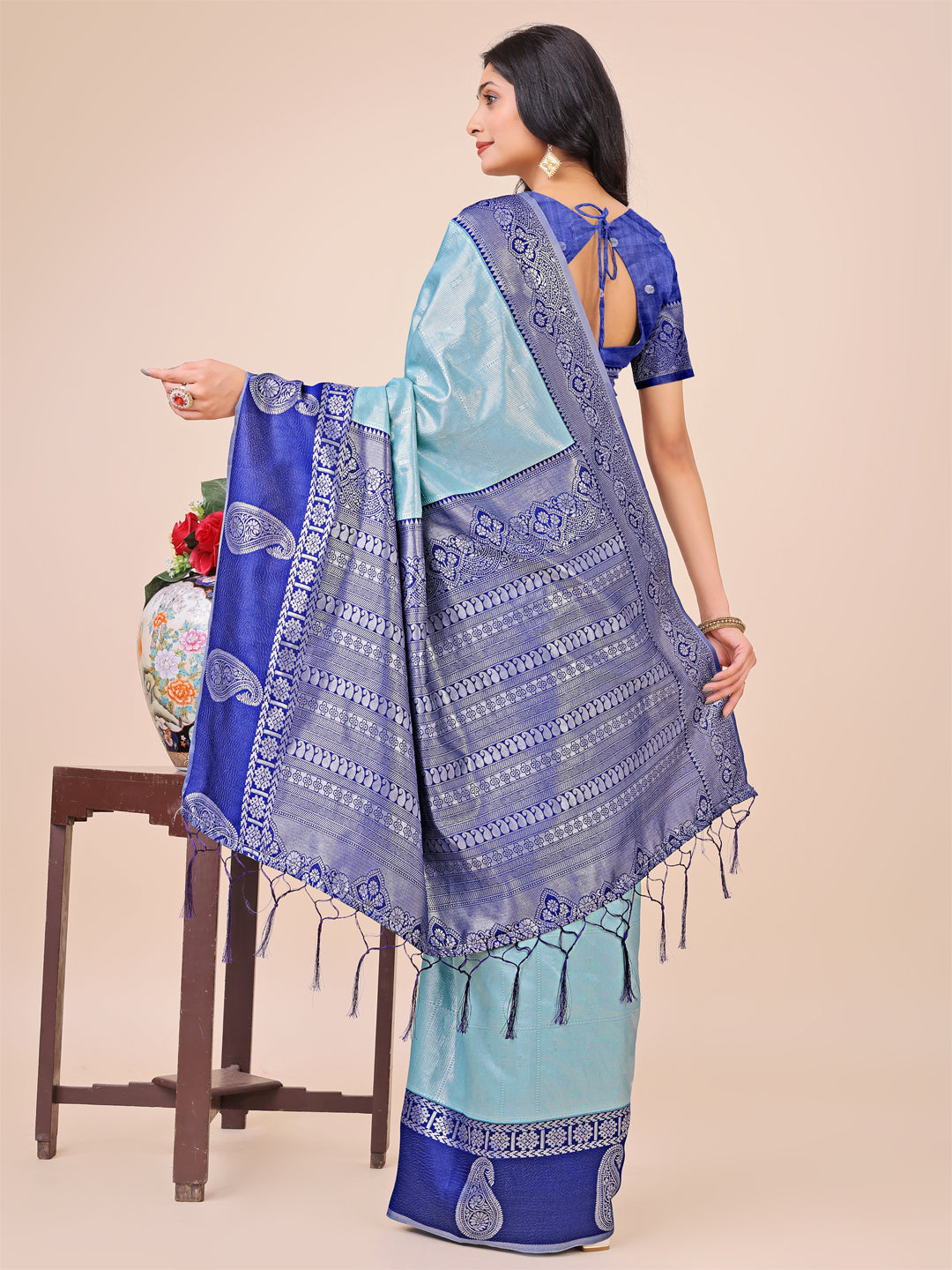Graceful Light & Dark Teal Silk Saree with Rich Woven Border & Paisley Pallu