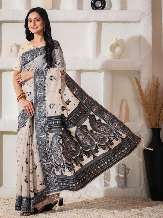 Astita Elegant Woven Linen Cotton Saree for Durga Puja & Diwali | Ethnic Motif Design with Rich Zari Border | Soft, Breathable, Festive-Ready Traditional Drape