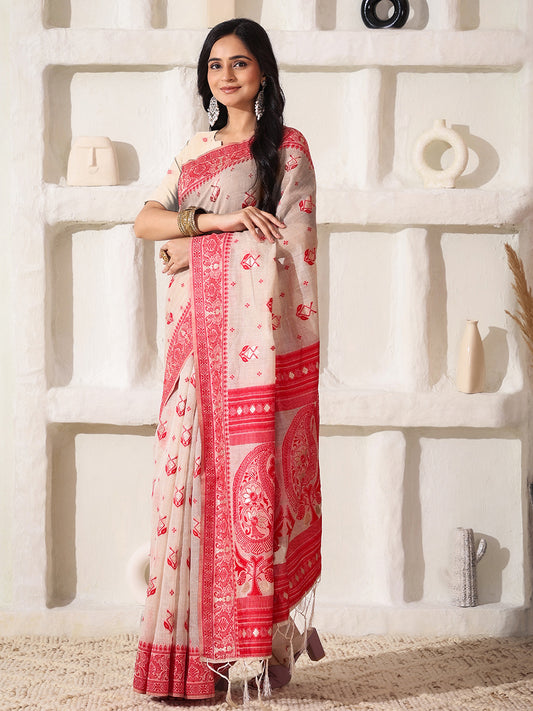 Astita Elegant Woven Linen Cotton Saree for Durga Puja & Diwali | Ethnic Motif Design with Rich Zari Border | Soft, Breathable, Festive-Ready Traditional Drape