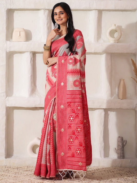 Astita Elegant Woven Linen Cotton Saree for Durga Puja & Diwali | Ethnic Motif Design with Rich Zari Border | Soft, Breathable, Festive-Ready Traditional Drape