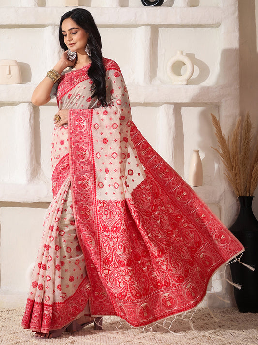 Astita Elegant Woven Linen Cotton Saree for Durga Puja & Diwali | Ethnic Motif Design with Rich Zari Border | Soft, Breathable, Festive-Ready Traditional Drape