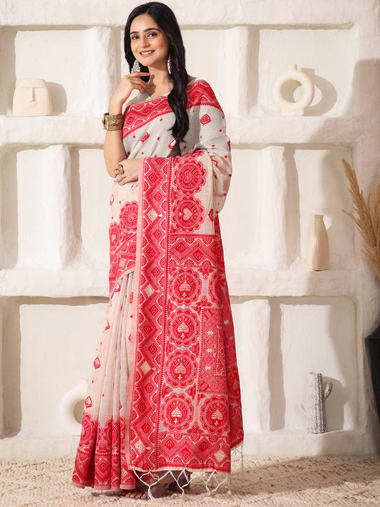 Astita Elegant Woven Linen Cotton Saree for Durga Puja & Diwali | Ethnic Motif Design with Rich Zari Border | Soft, Breathable, Festive-Ready Traditional Drape