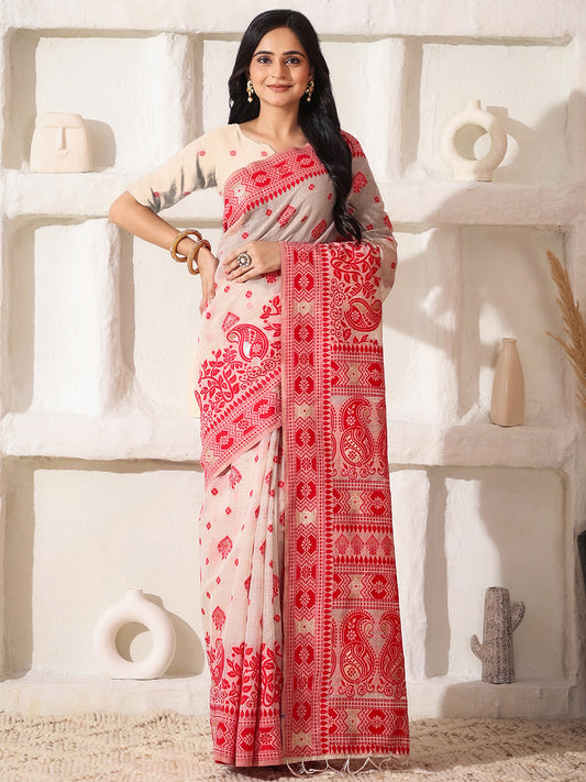 Astita Elegant Woven Linen Cotton Saree for Durga Puja & Diwali | Ethnic Motif Design with Rich Zari Border | Soft, Breathable, Festive-Ready Traditional Drape